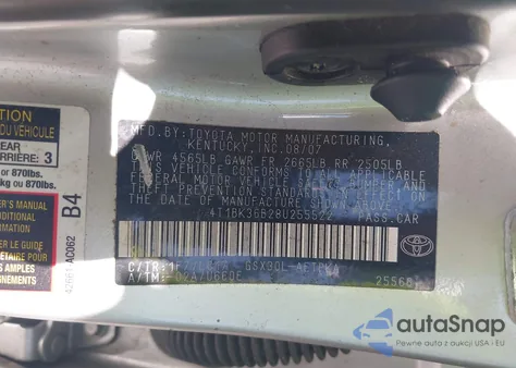 2008 Toyota Avalon Limited z USA, uszkodzony, nr VIN 4T1BK36B28U255522